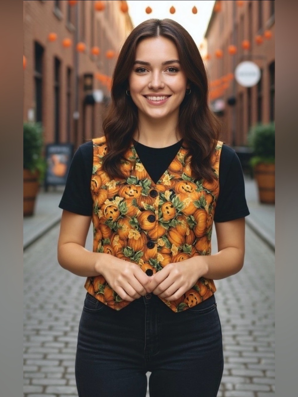 Halloween Pumpkin Print Button Front Waistcoat Vest Fall Holiday Size Small